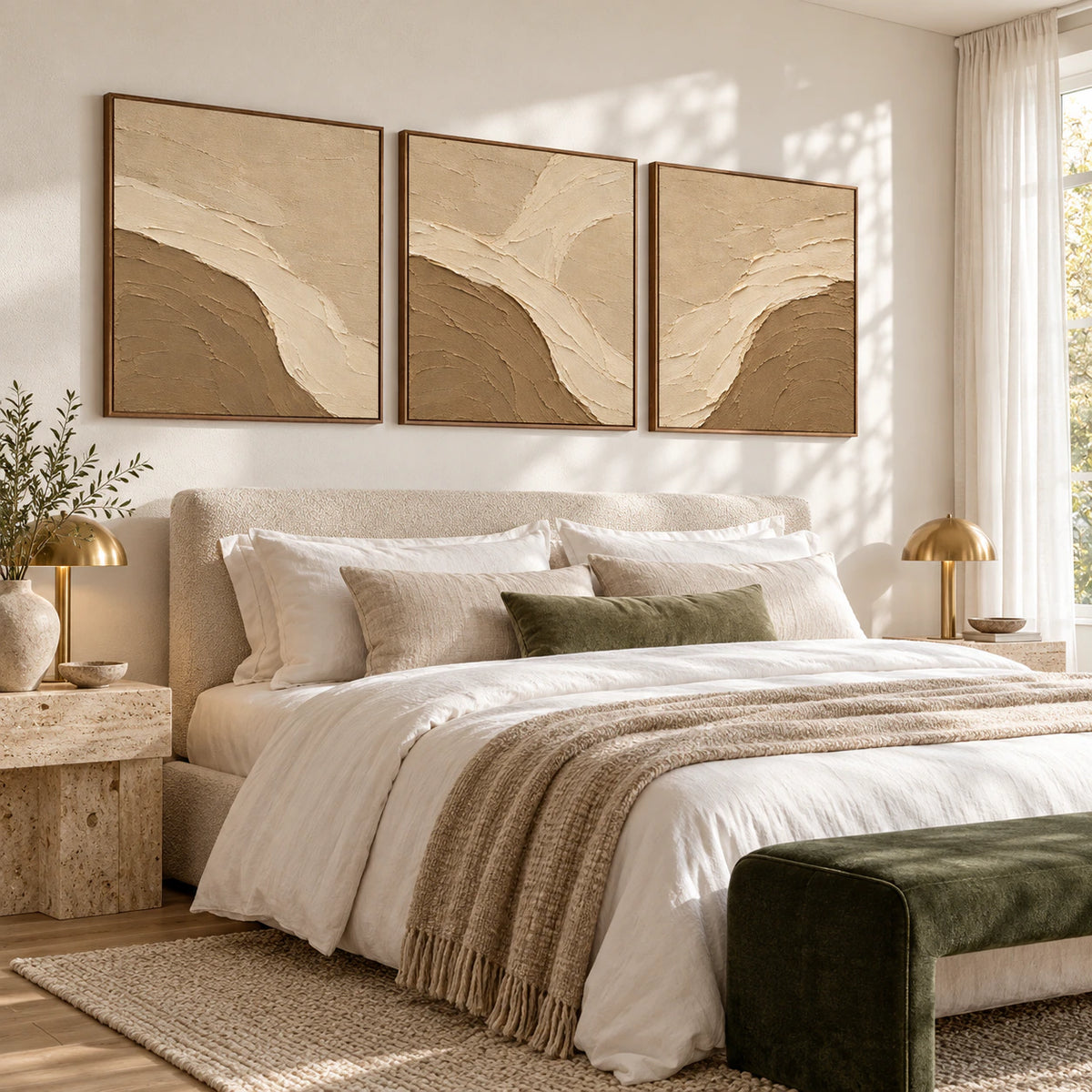 Dune-Estuary triptych above a bed in a quiet, light-filled bedroom.