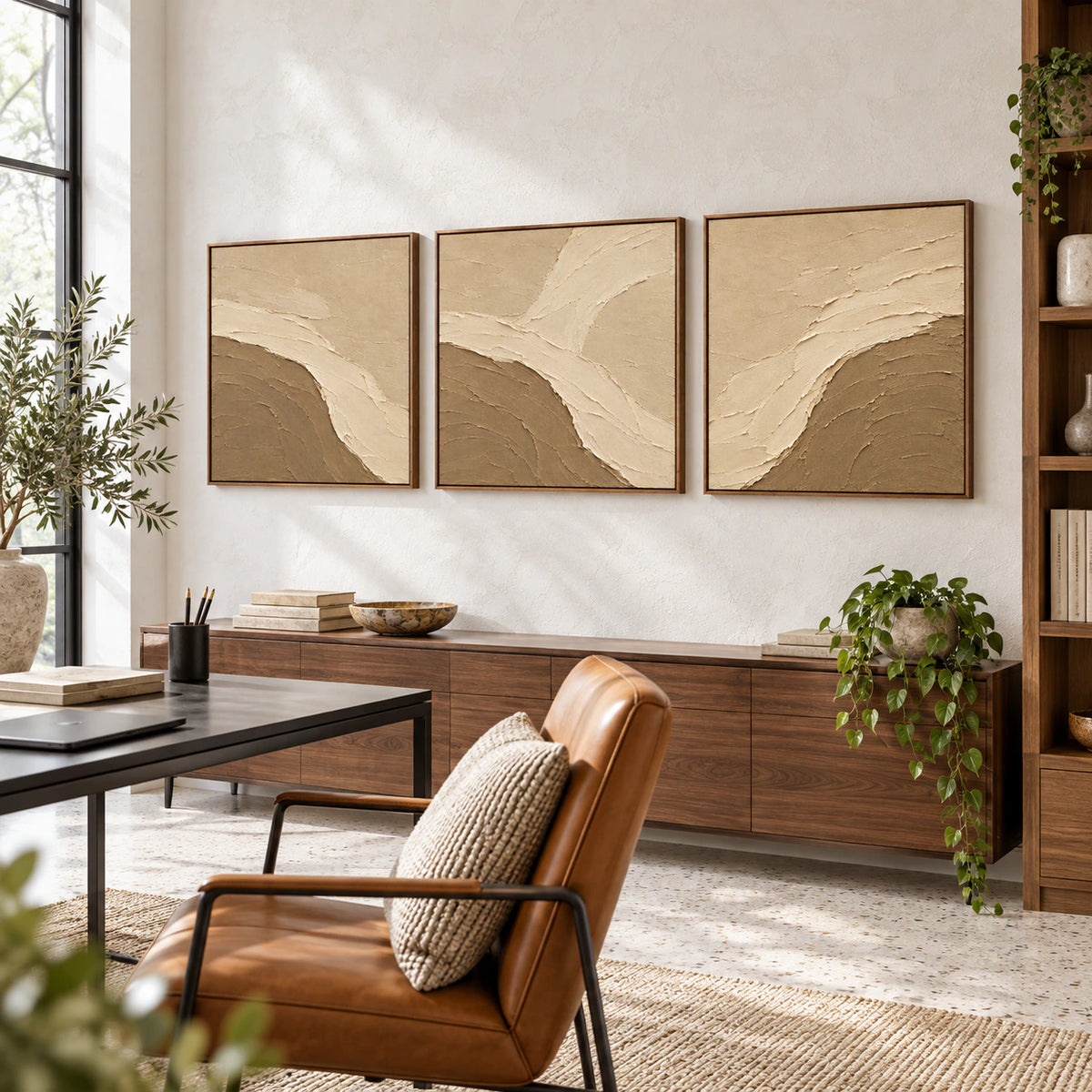 Dune-Estuary three-canvas set in an airy home office reading space.