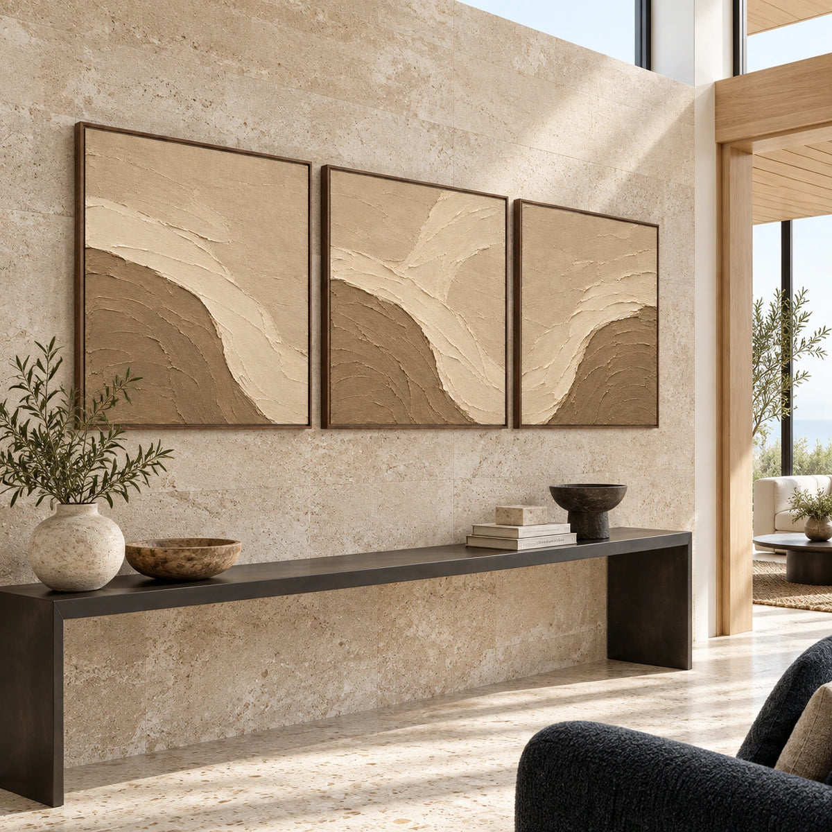 Dune-Estuary triptych at large scale in a gallery-like foyer.