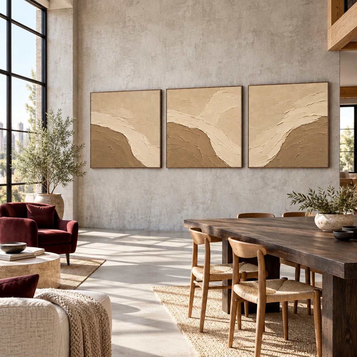 Dune-Estuary three-canvas triptych in an expansive daylight loft interior.