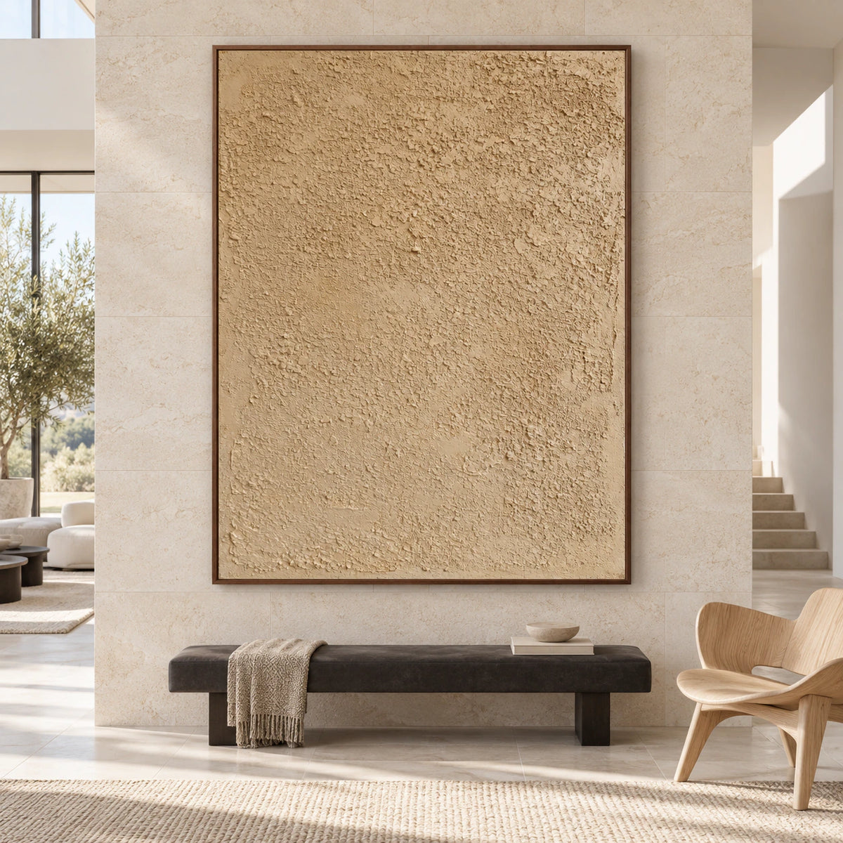 Dune-Relief displayed at large scale in a bright architectural living space.