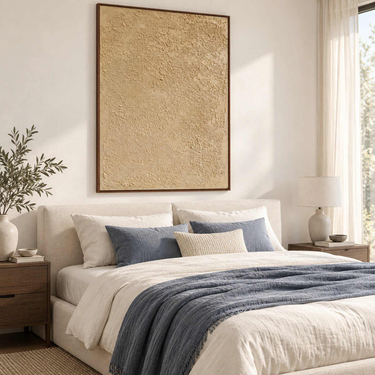 Dune-Relief bringing tactile warmth to a quiet, light-filled bedroom.