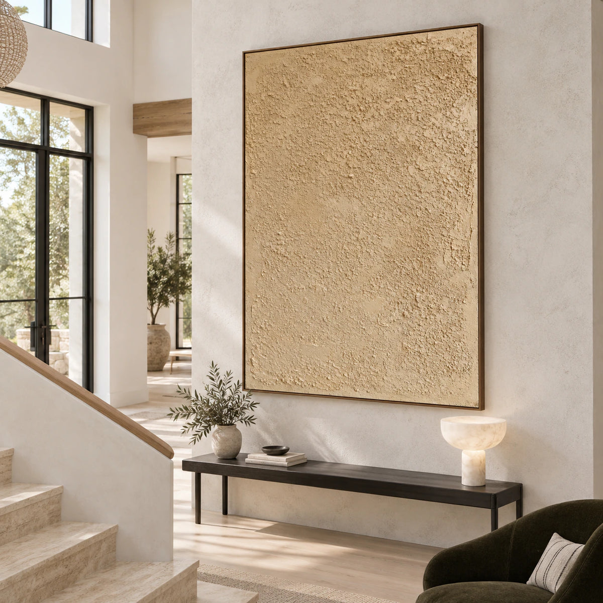 Dune-Relief at gallery scale in a bright sculptural foyer.