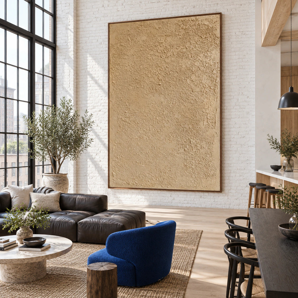 Dune-Relief anchoring an expansive daylight-filled loft interior.
