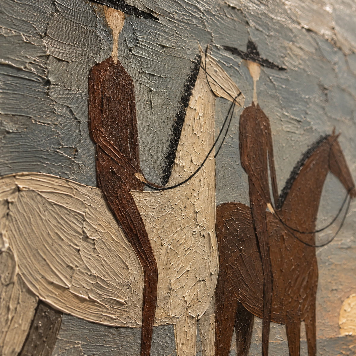 Dusk-Cavalry oil painting brushwork and impasto detail photographed from an oblique side angle