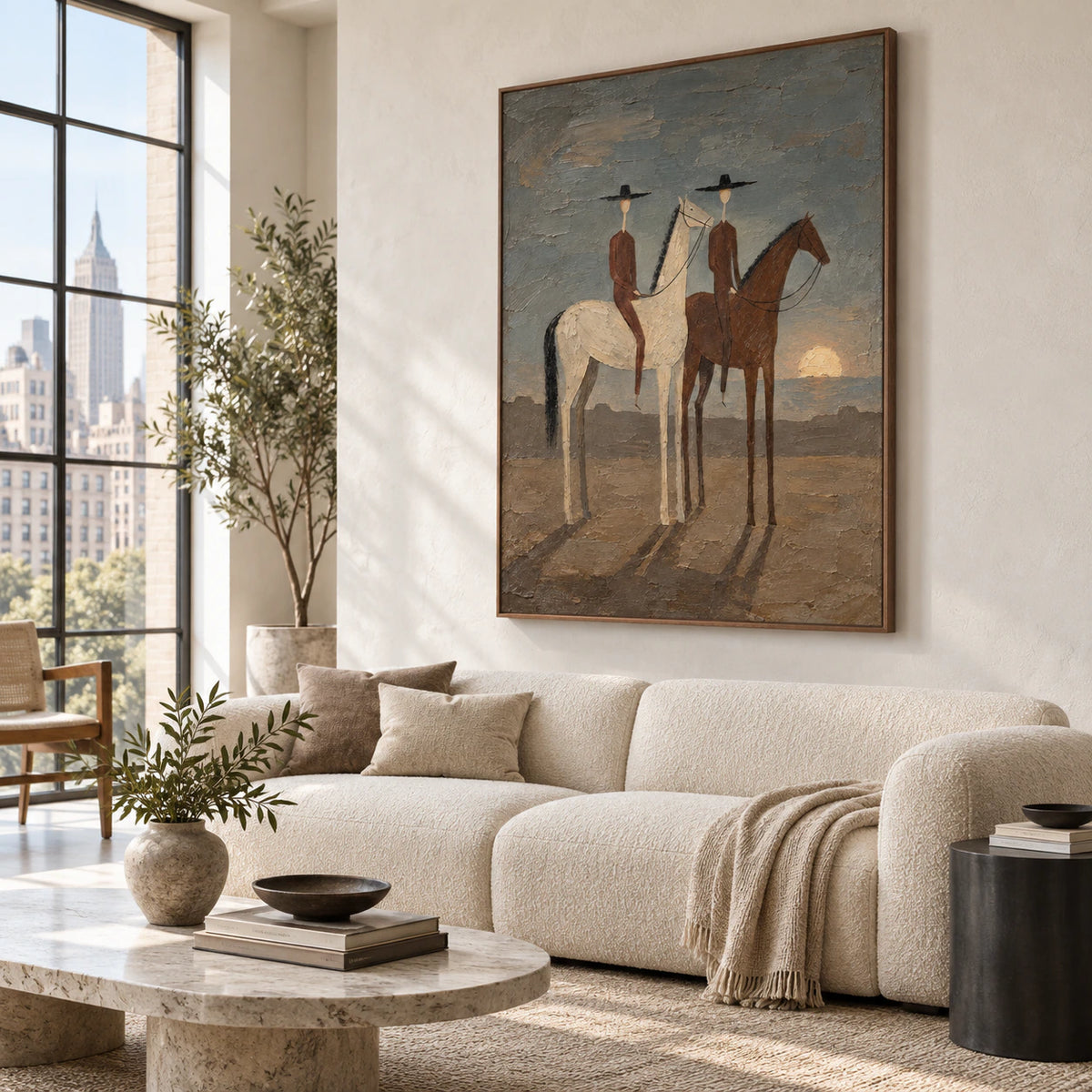 Dusk-Cavalry as the focal point above a restrained sofa in a bright living room.