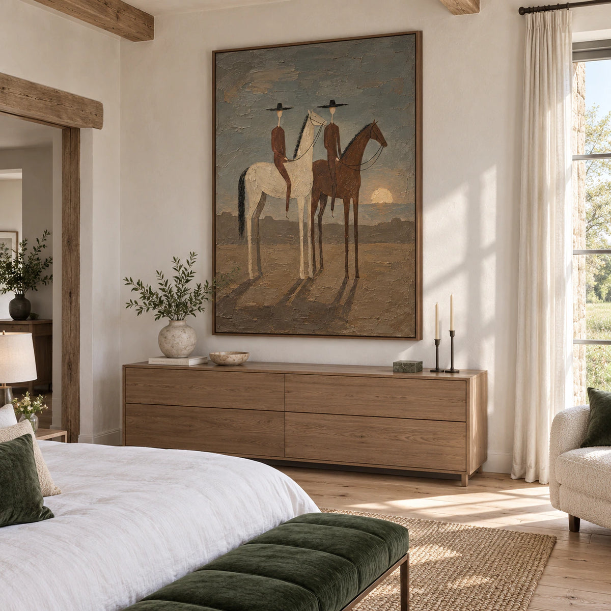 Dusk-Cavalry as a large vertical focal point in a quiet, softly lit bedroom.