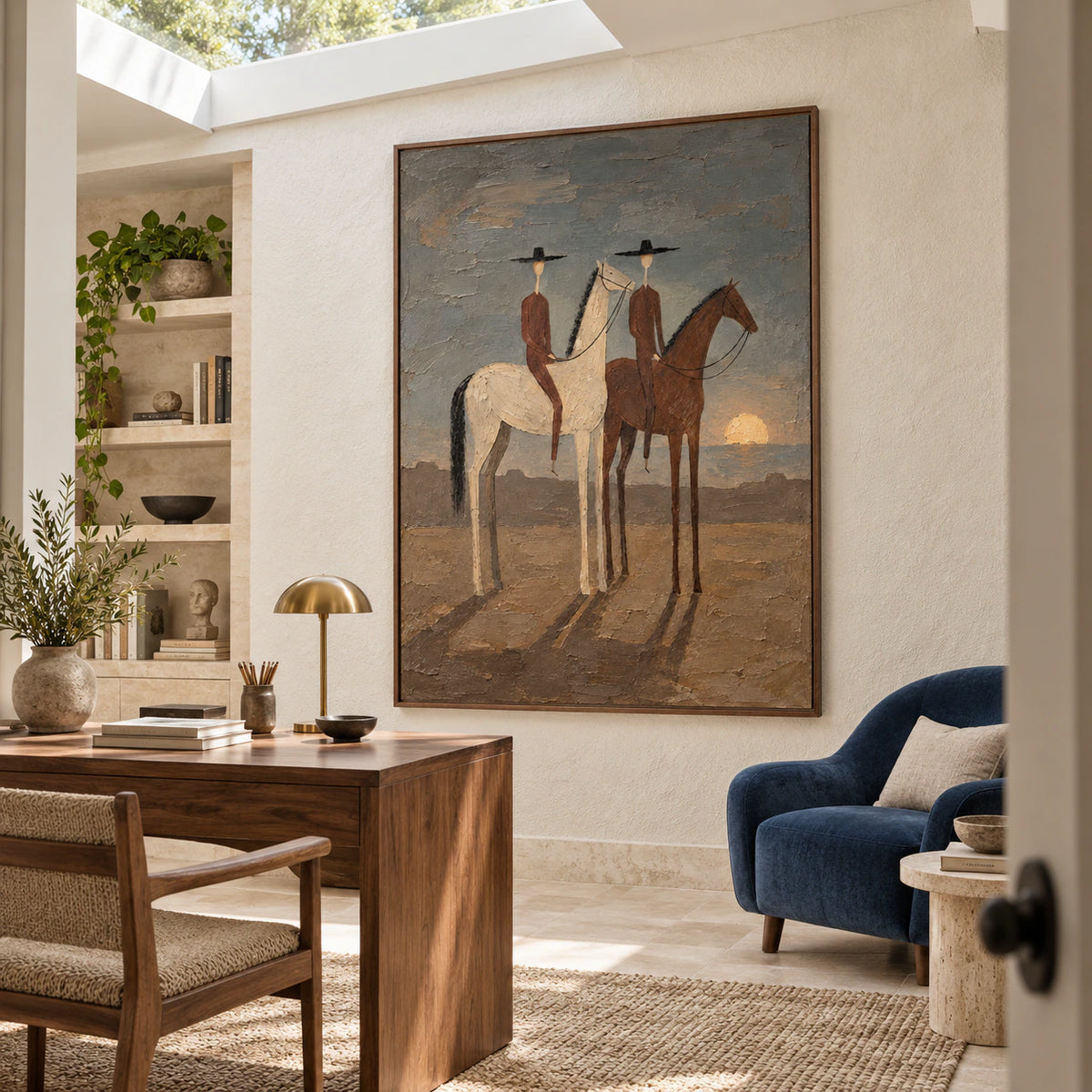 Dusk-Cavalry featured at large scale in an airy reading and home office space.