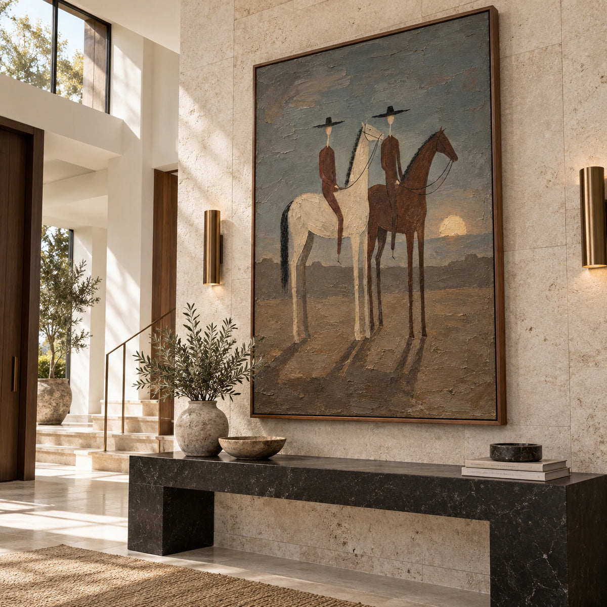 Dusk-Cavalry installed as a gallery-scale focal point in a bright foyer.