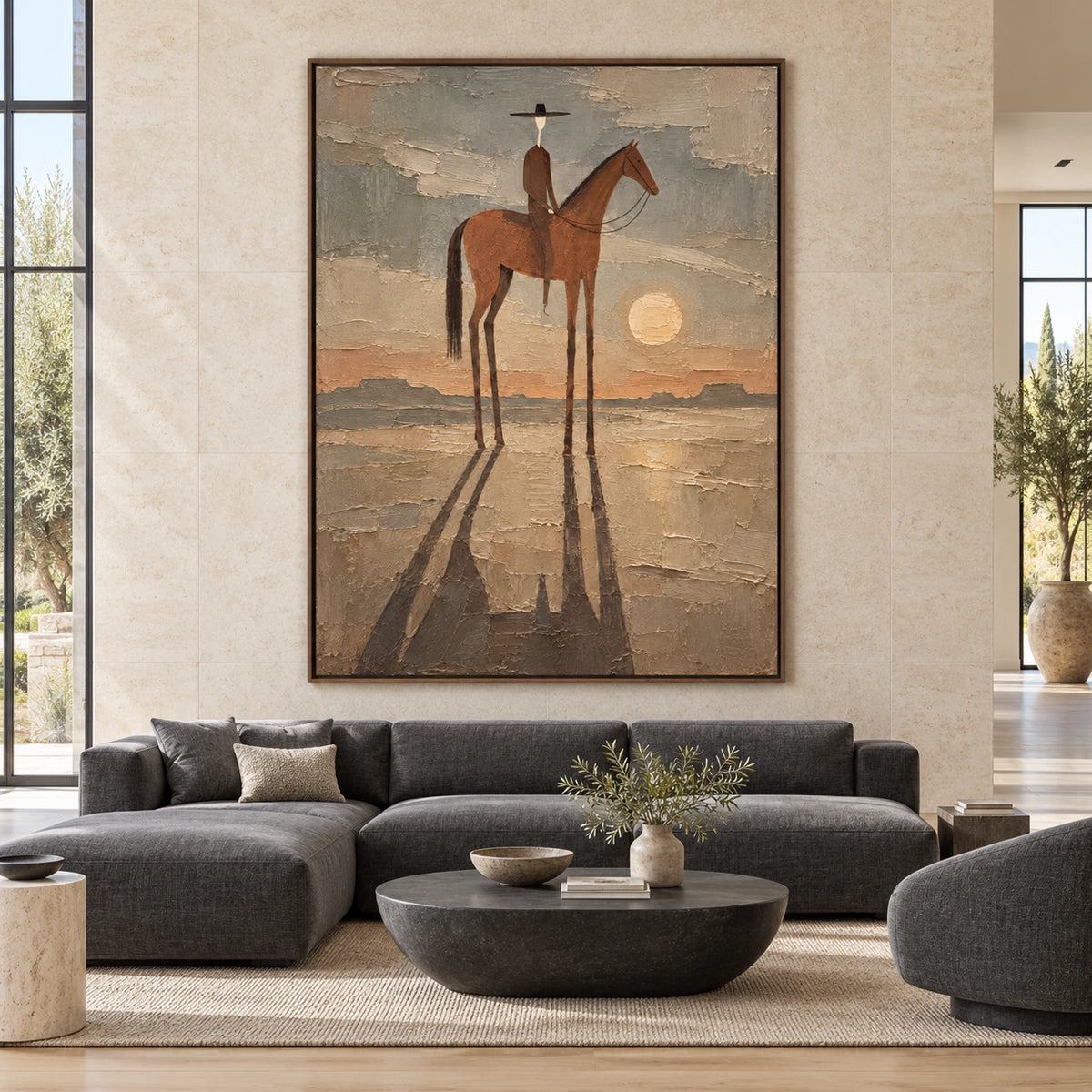 Large straight-on gallery interior featuring the Dusk-Rider painting at an impressive scale.