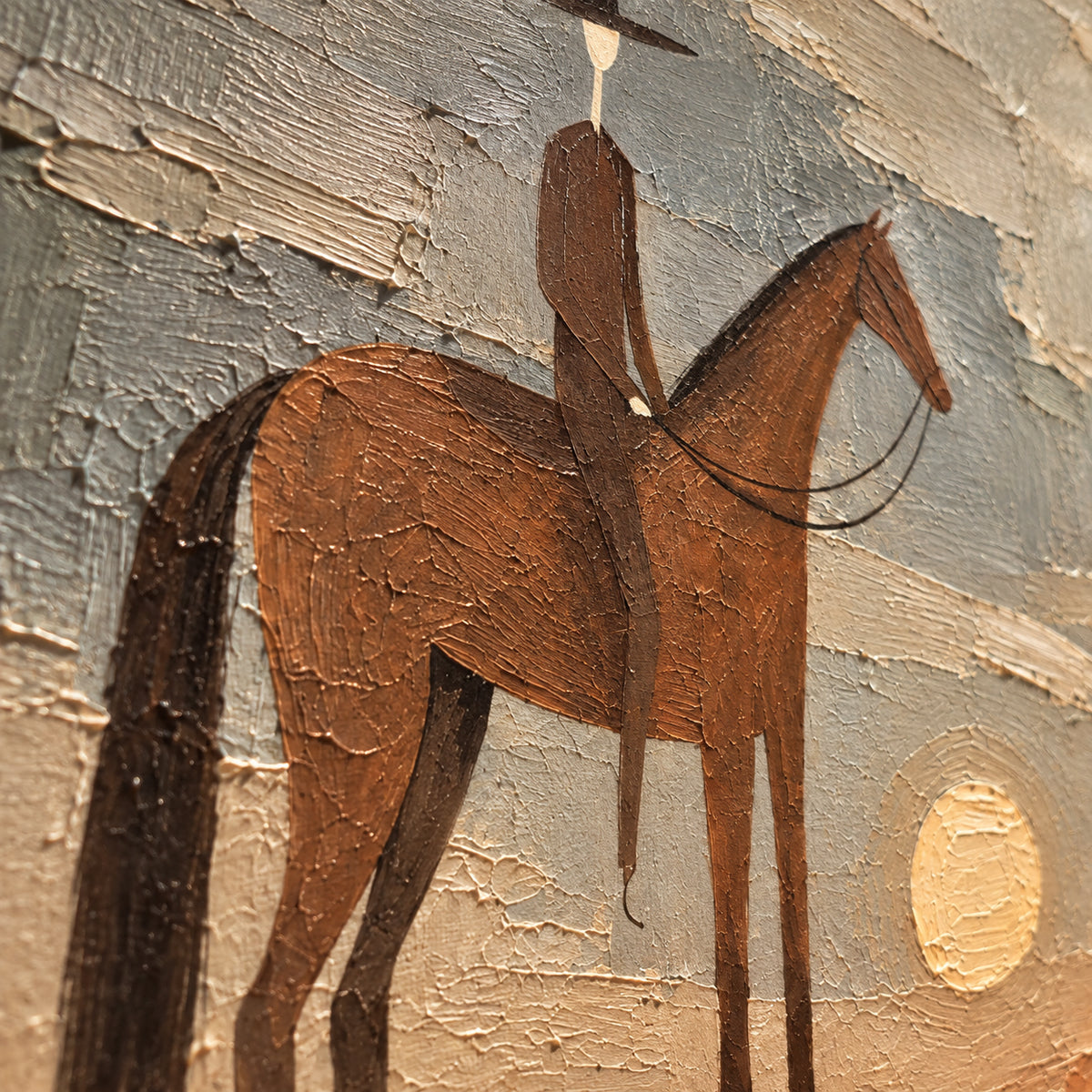 Dusk-Rider oil painting brushwork and impasto detail photographed from an oblique side angle