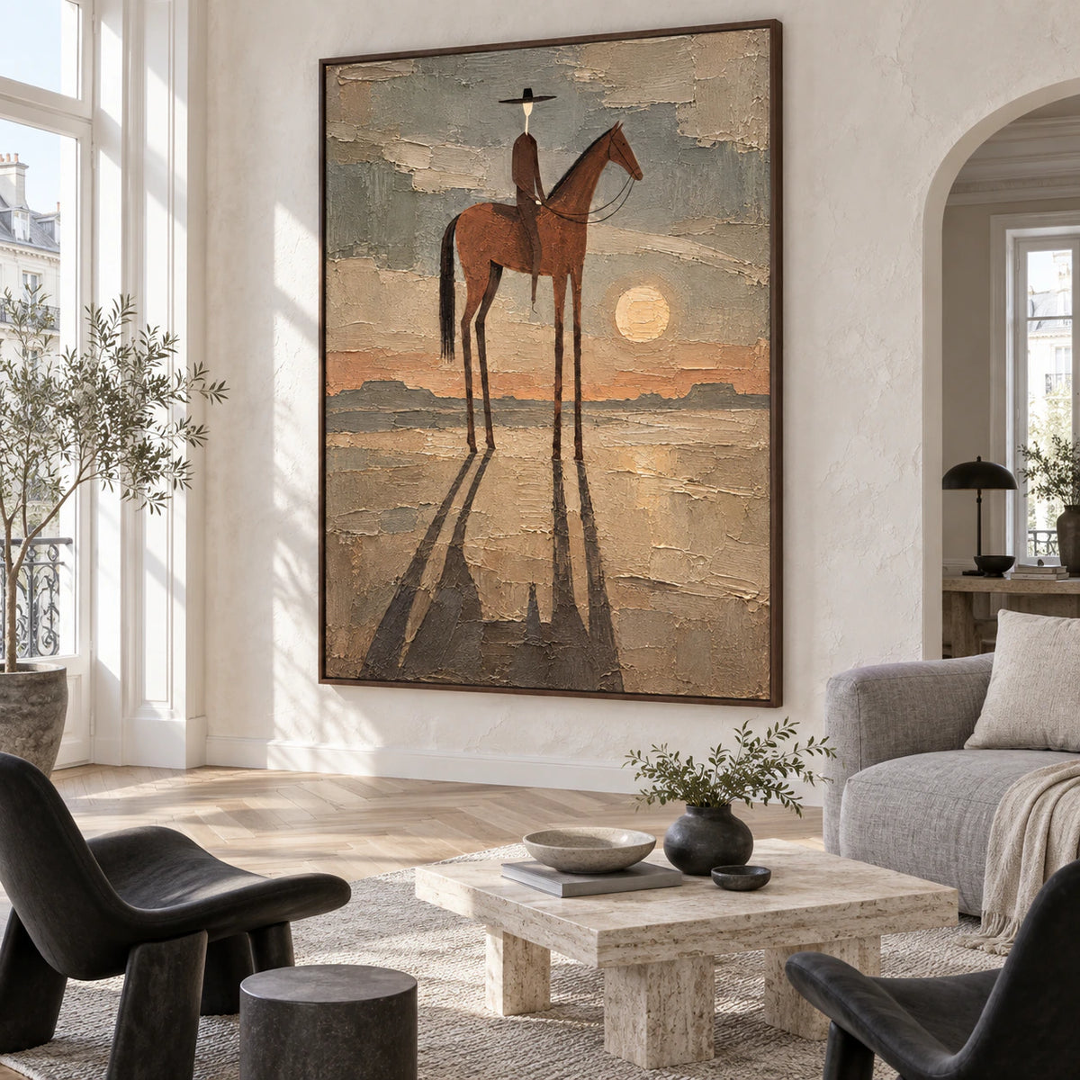 Bright living room with the Dusk-Rider painting as the central wall artwork.