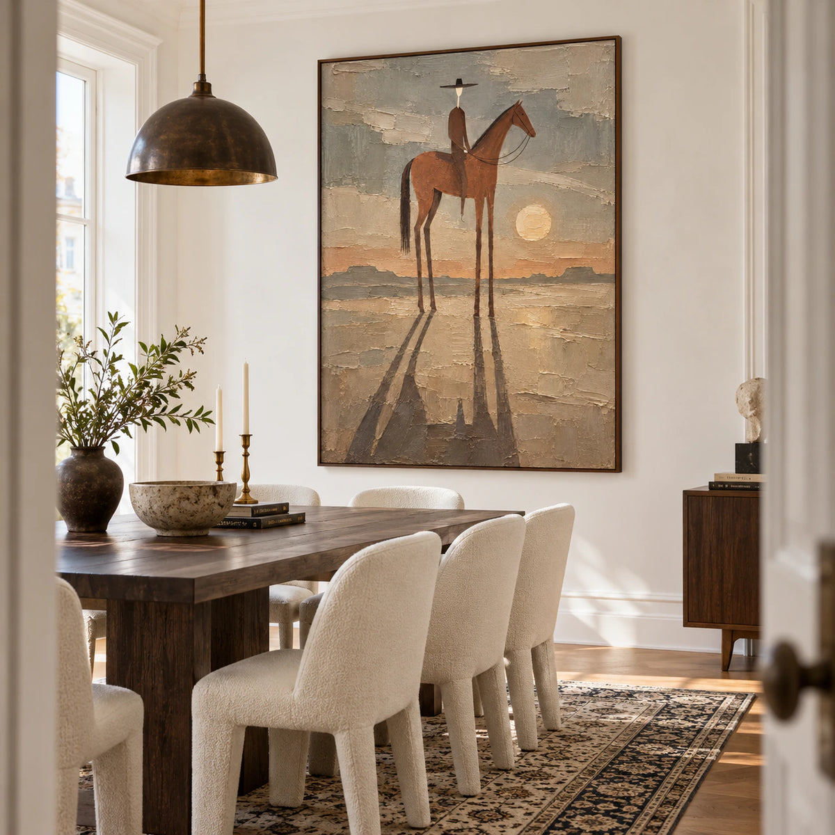 Refined dining room centered on the Dusk-Rider painting.