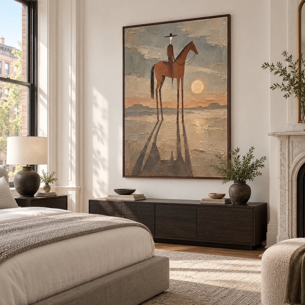 Quiet bedroom with the Dusk-Rider painting displayed prominently above a low console.