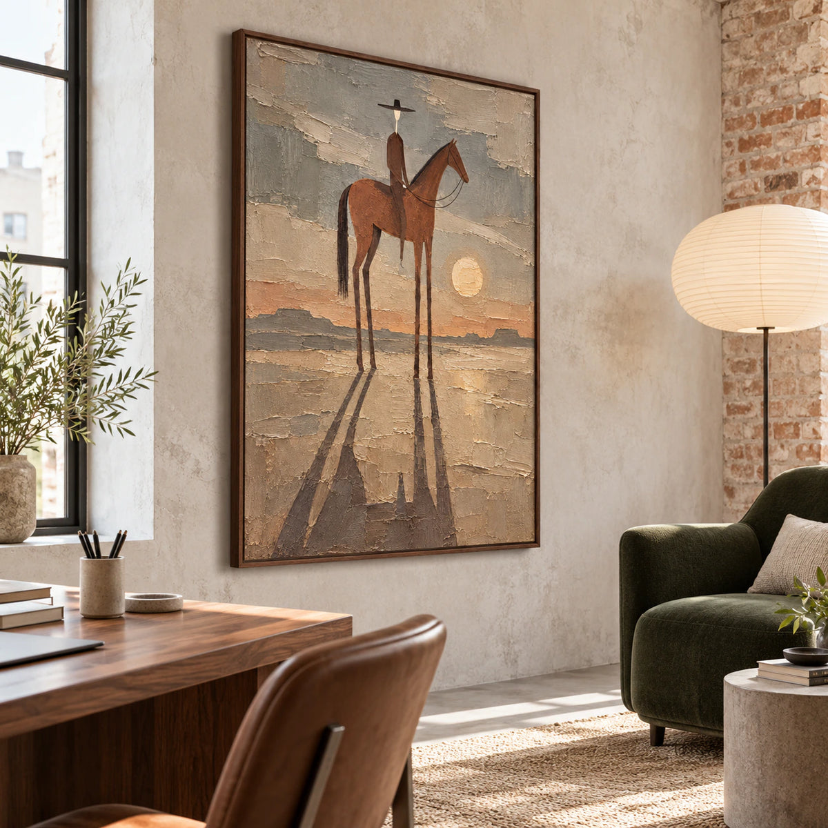 Airy reading space with the Dusk-Rider painting as the focal artwork.