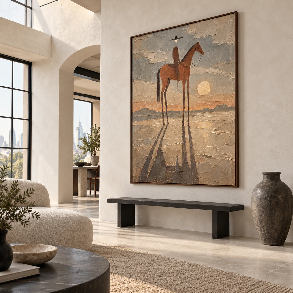 Gallery-scale foyer featuring the Dusk-Rider painting on a tall wall.