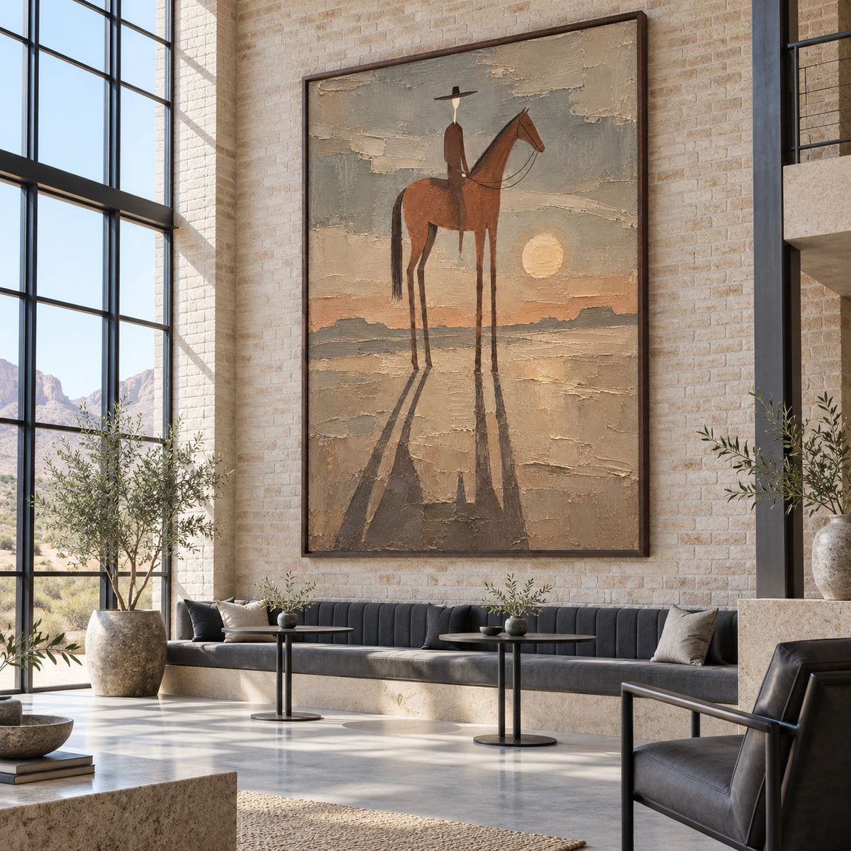 Expansive loft hospitality interior with the Dusk-Rider painting as its visual anchor.