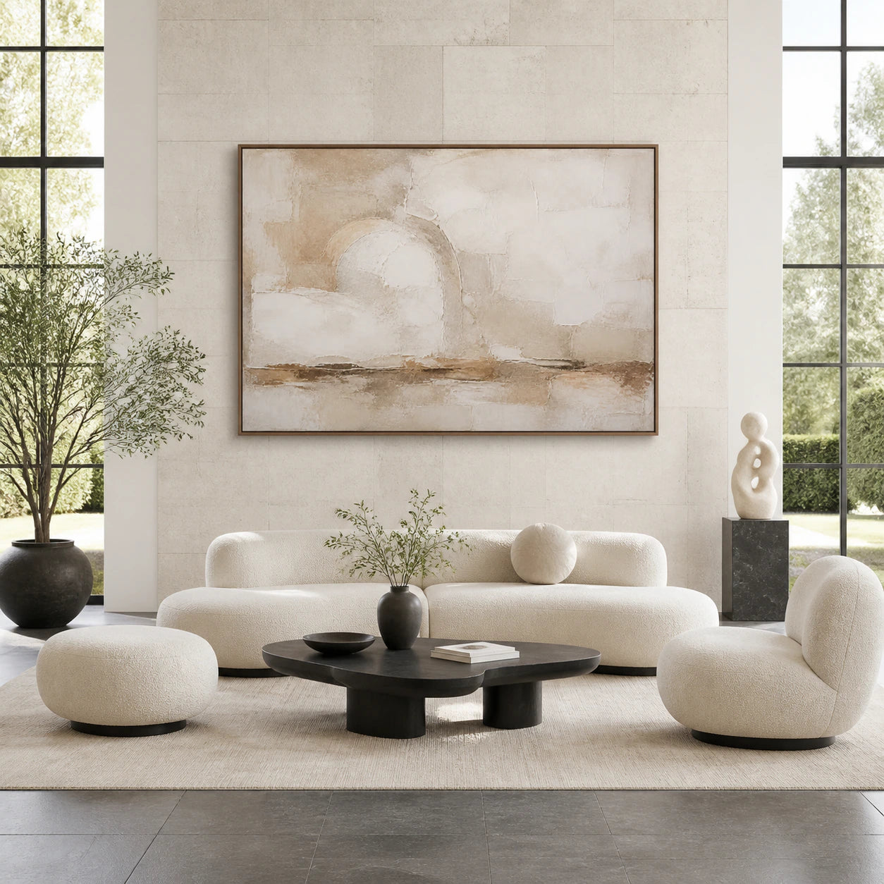 Earthen-Arc displayed large and straight-on in a bright architectural living space.