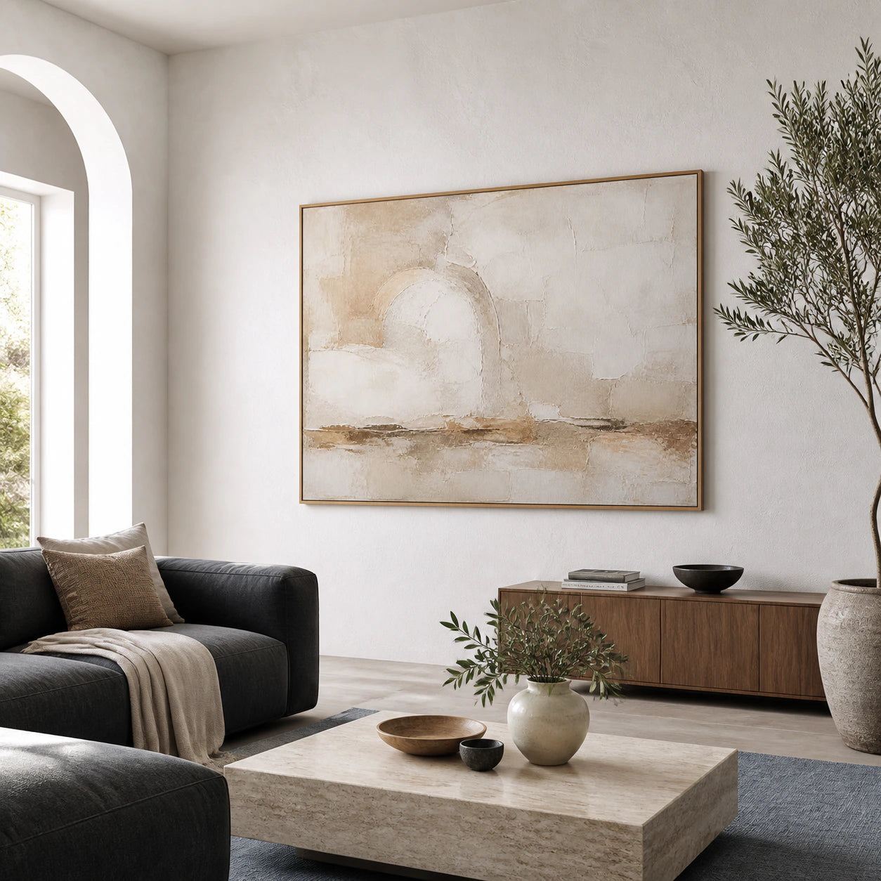 Earthen-Arc as the focal artwork above a restrained bright living room seating area.