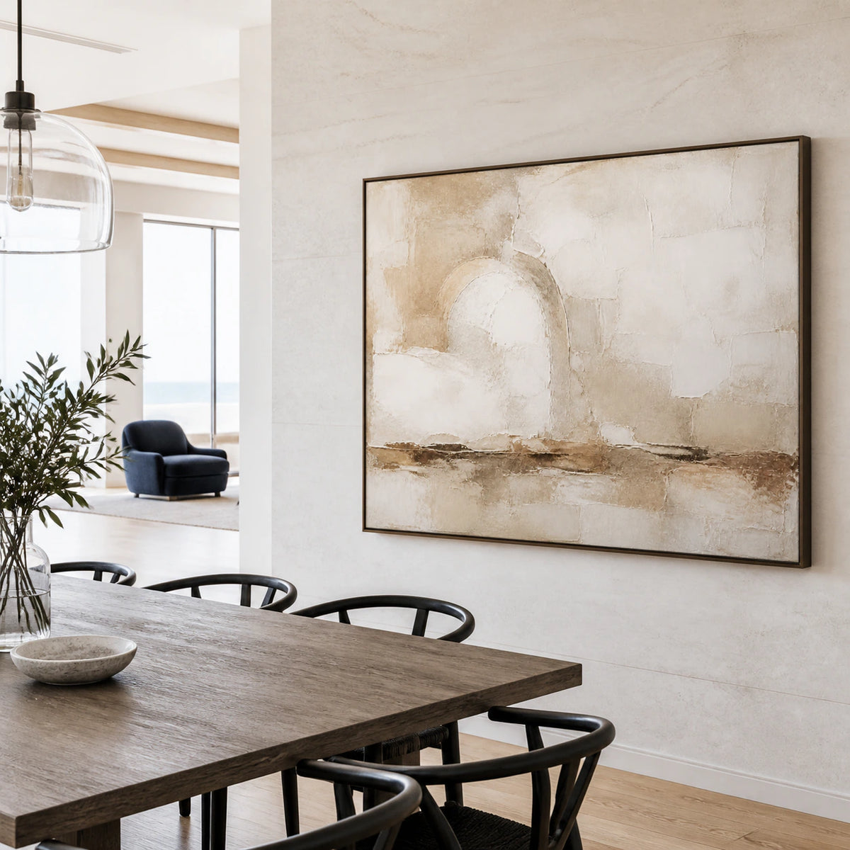 Earthen-Arc displayed at scale in a refined daylight dining room.