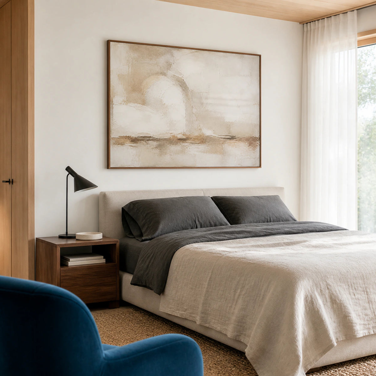 Earthen-Arc bringing a quiet textured focal point to a calm bedroom.