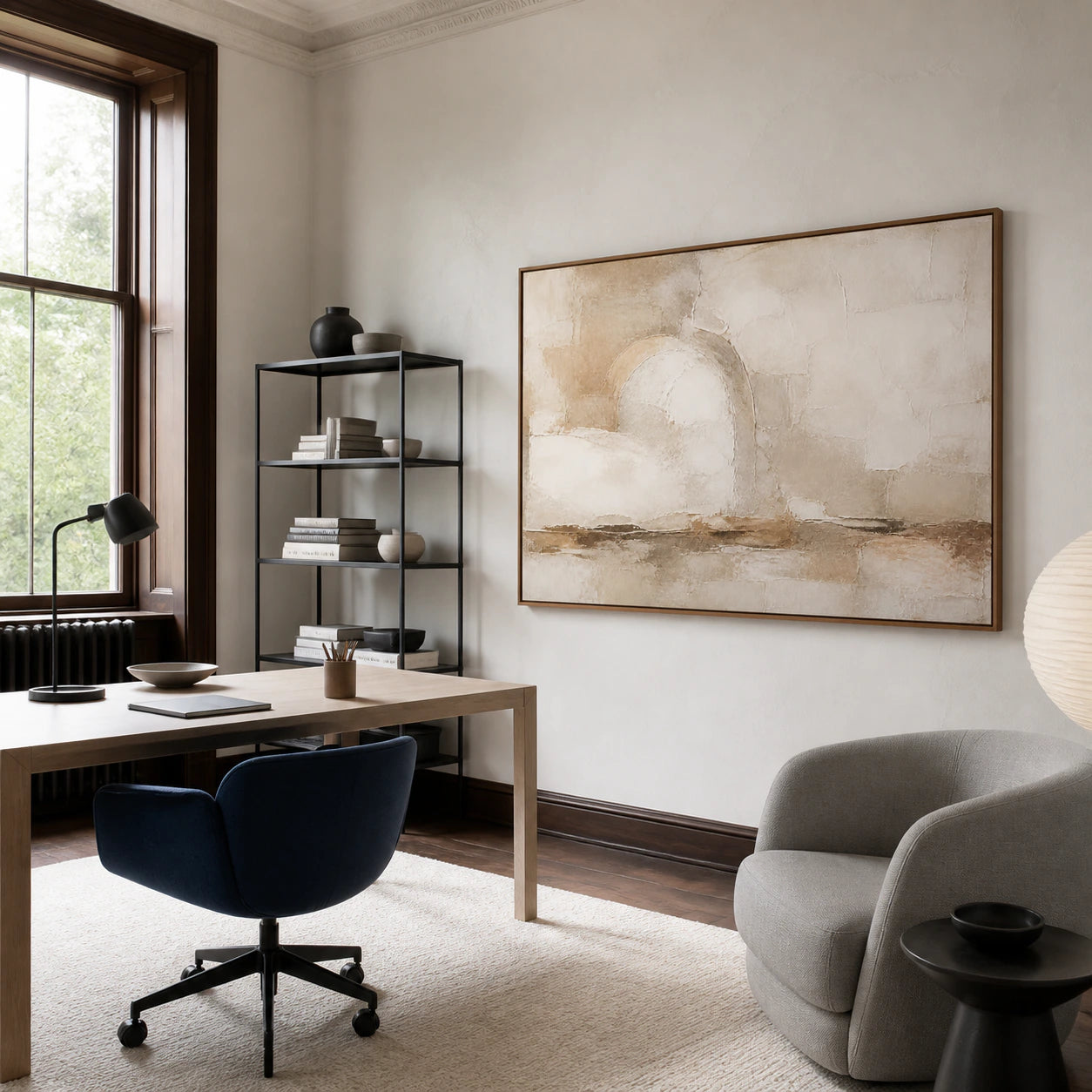 Earthen-Arc in an airy home office reading space with natural daylight.