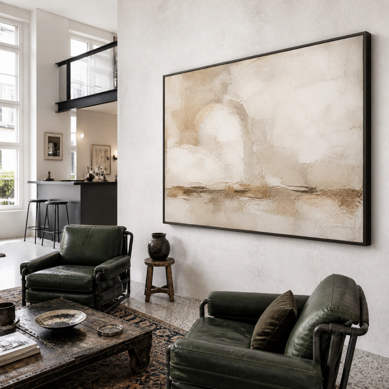 Earthen-Arc as the focal artwork in an open hospitality loft interior.