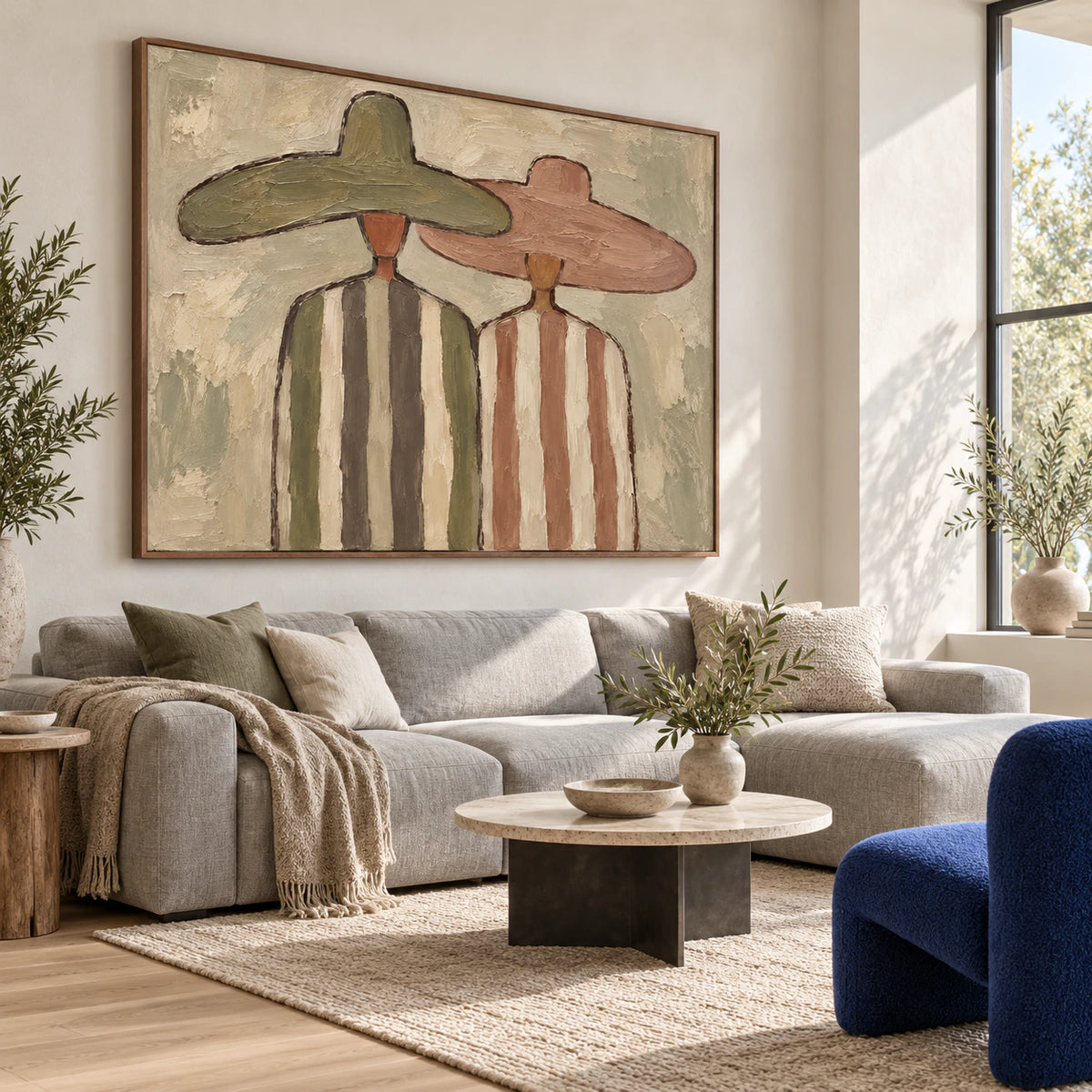 Earthen-Canopies above a restrained sofa in a sunlit living room.