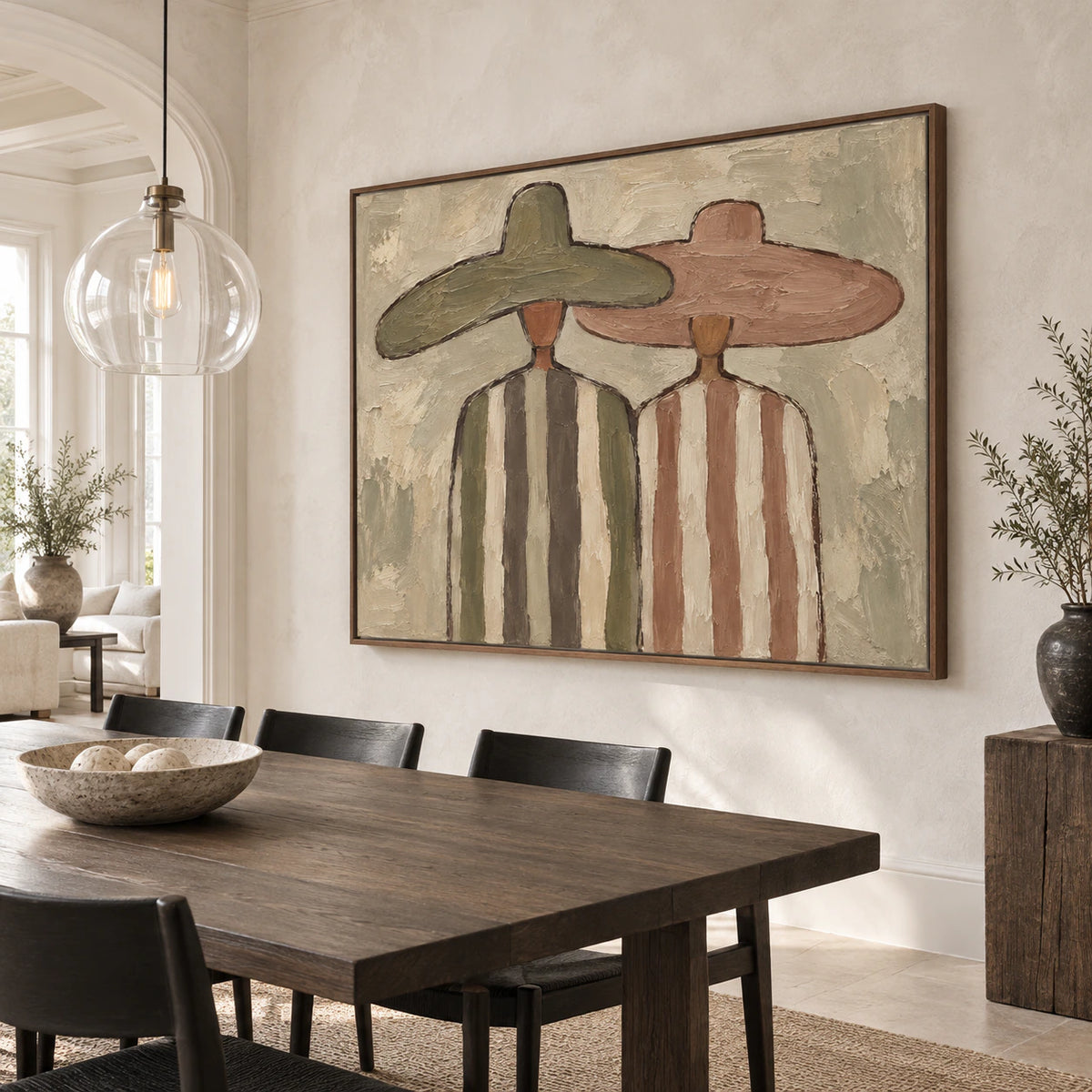 Earthen-Canopies as the focal artwork in a refined daylight dining room.