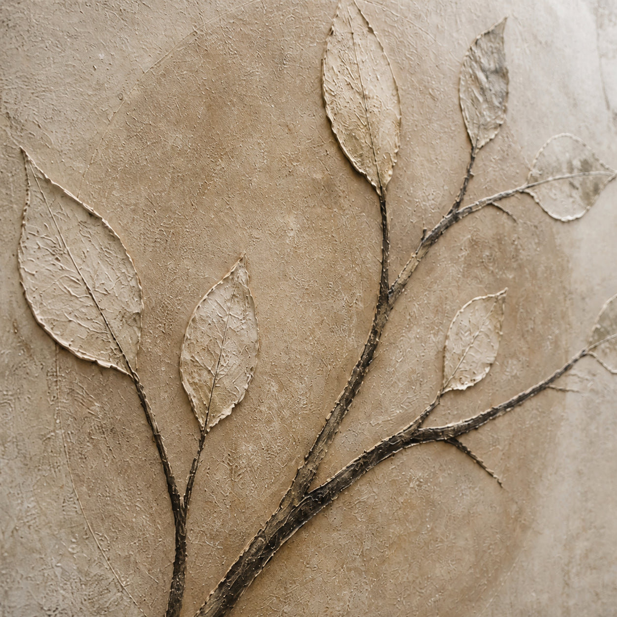 Earthen-Canopy oil painting brushwork and impasto detail photographed from an oblique side angle