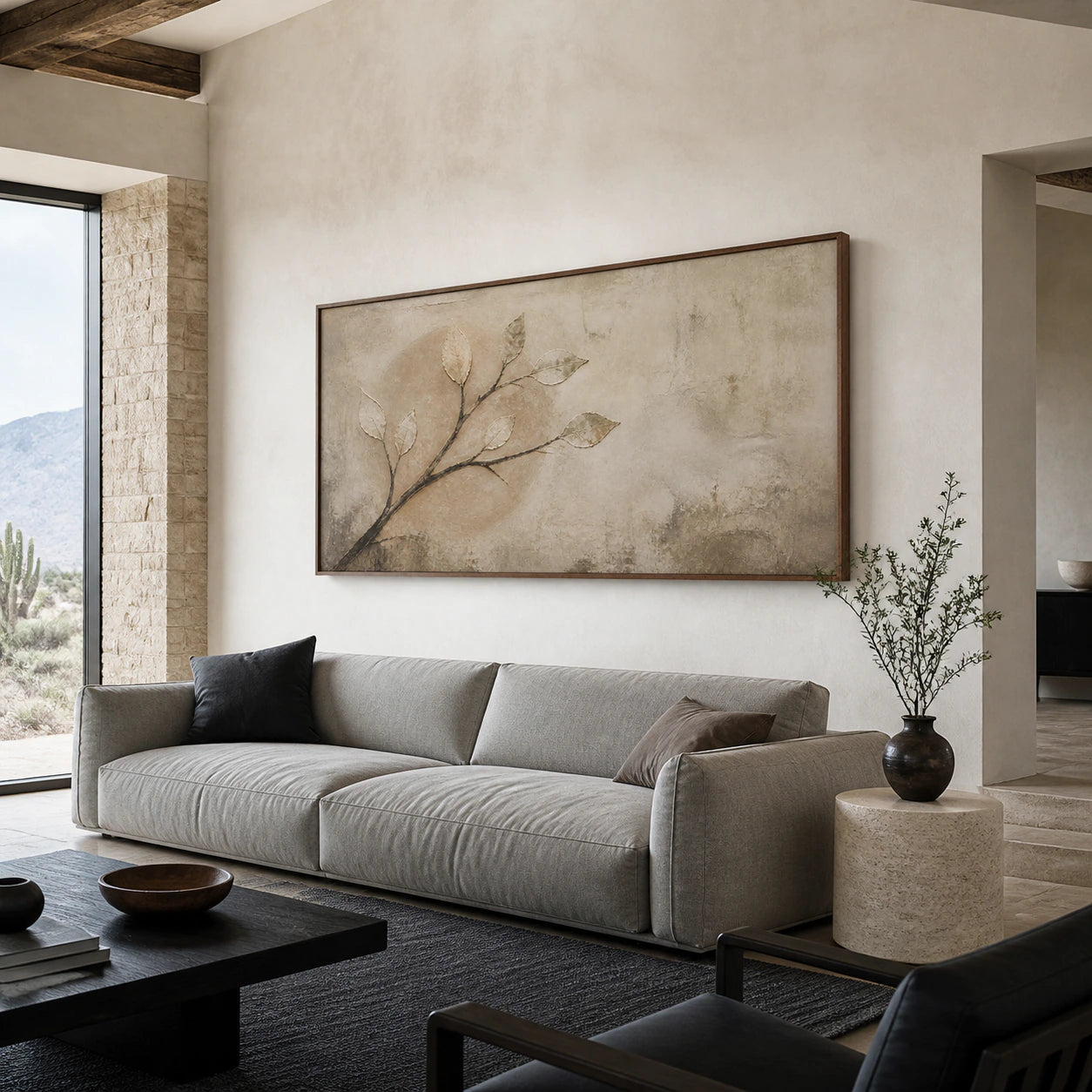 Earthen-Canopy above a restrained sofa in a bright, open living room.
