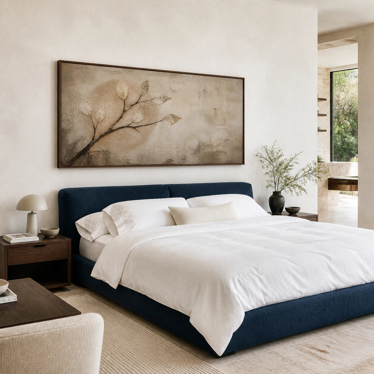 Earthen-Canopy as the focal artwork in a quiet, softly lit bedroom.