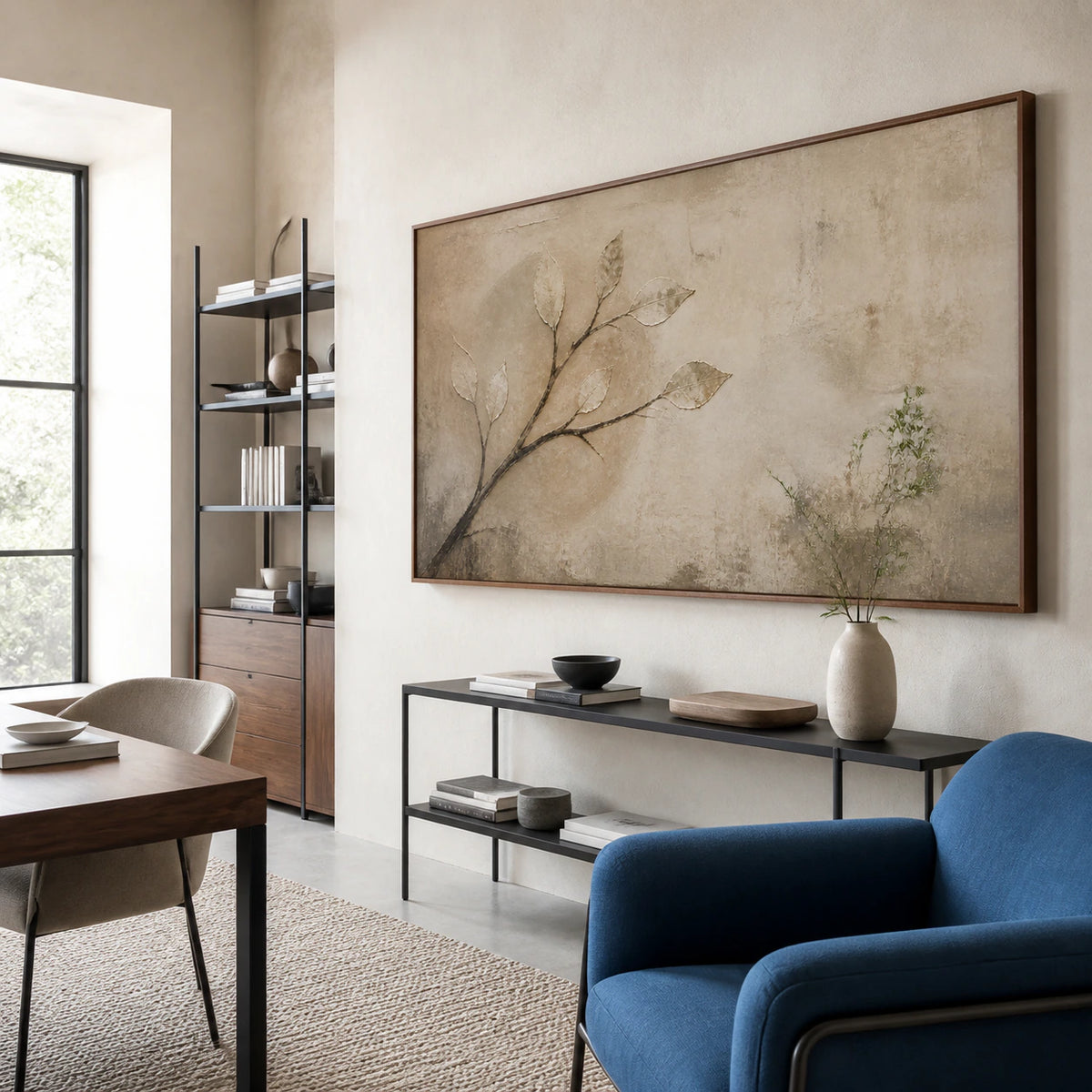 Earthen-Canopy displayed prominently in an airy home office reading space.