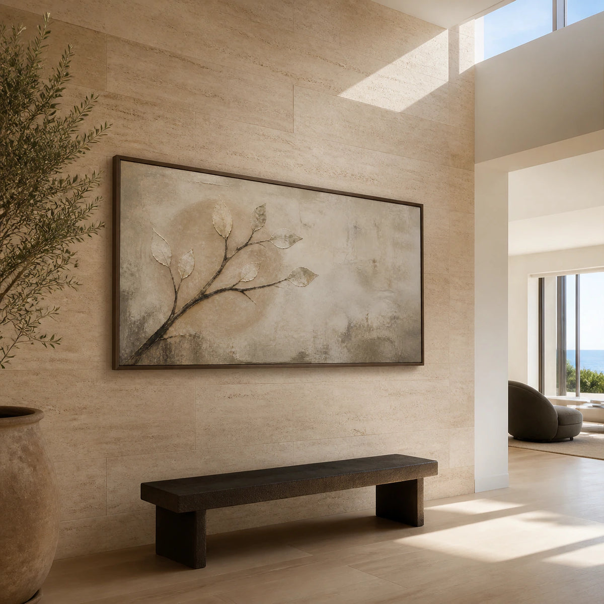 Earthen-Canopy installed at gallery scale in a bright architectural foyer.