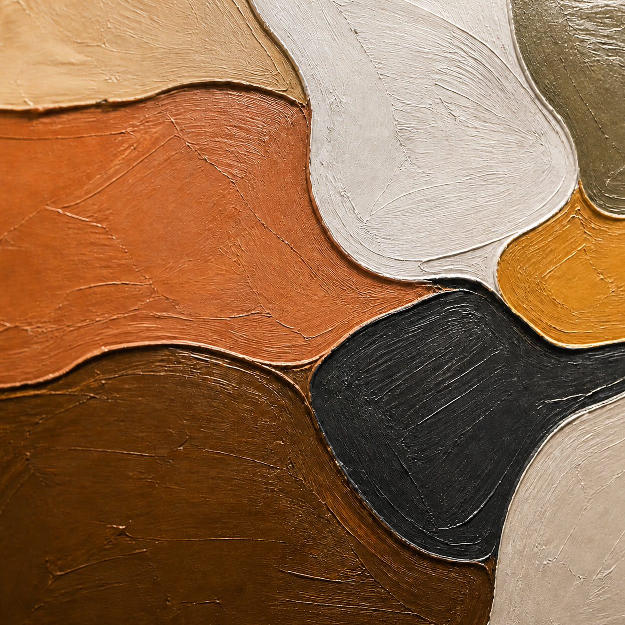 Earthen-Confluence oil painting brushwork and impasto detail photographed from an oblique side angle
