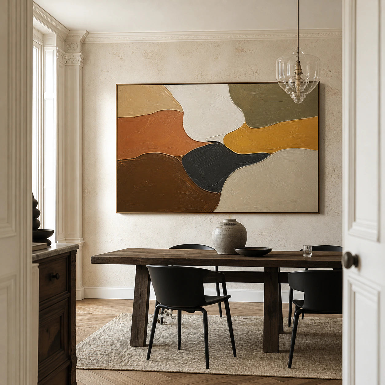 Earthen-Confluence in a refined daylight-filled dining room.