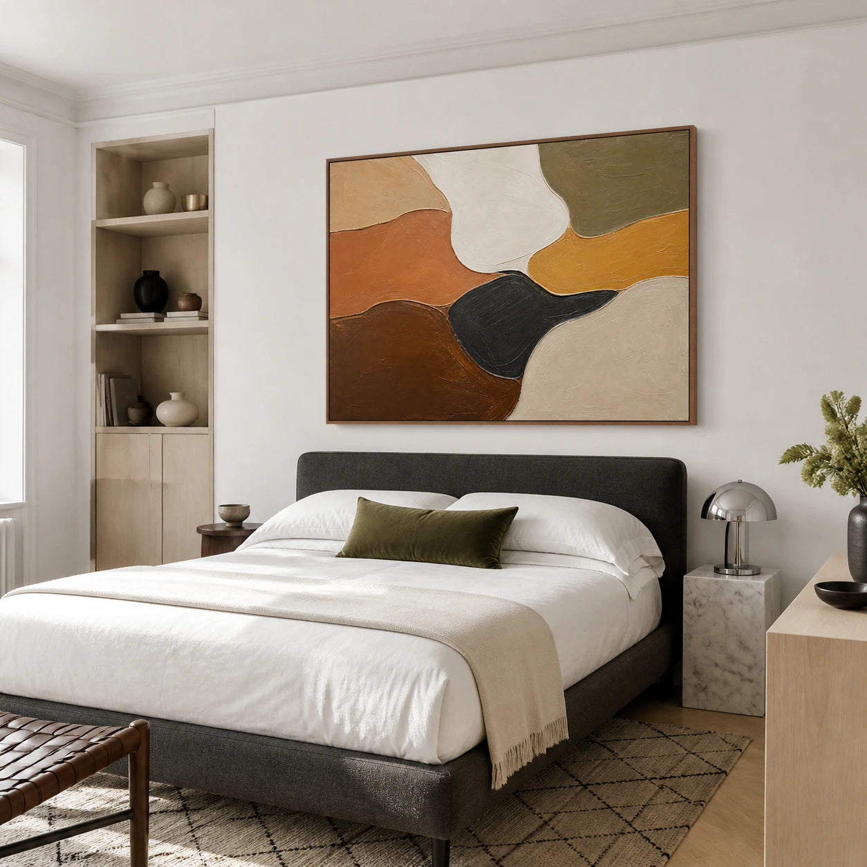 Earthen-Confluence as the focal artwork in a quiet bedroom.