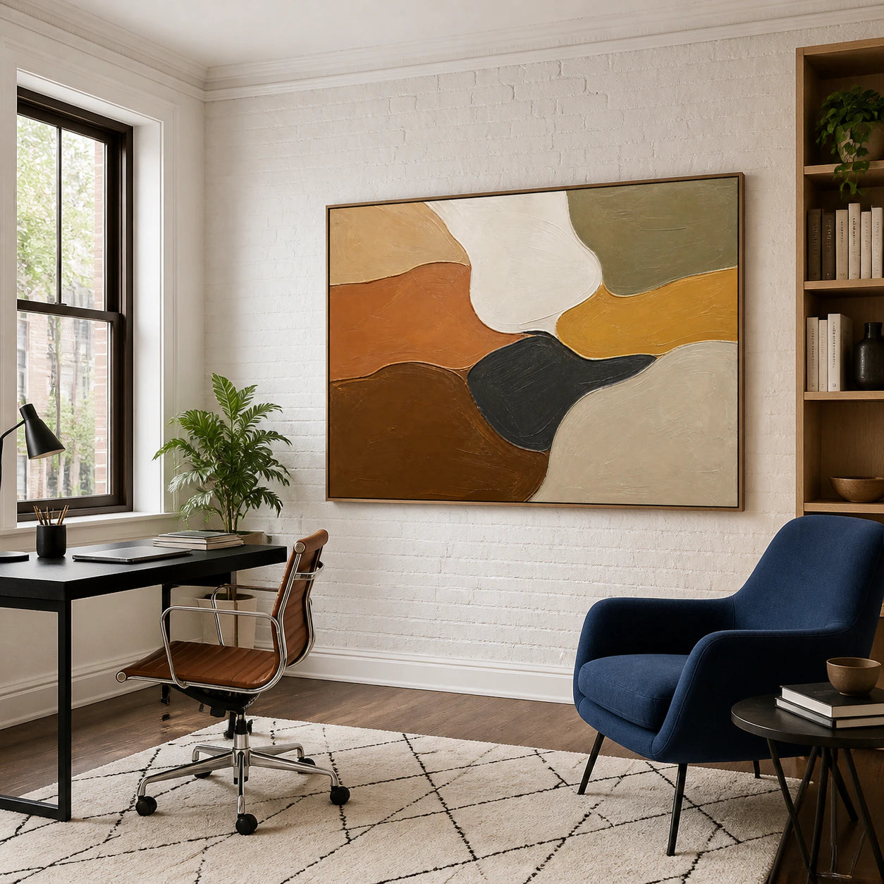 Earthen-Confluence in an airy home office reading space.