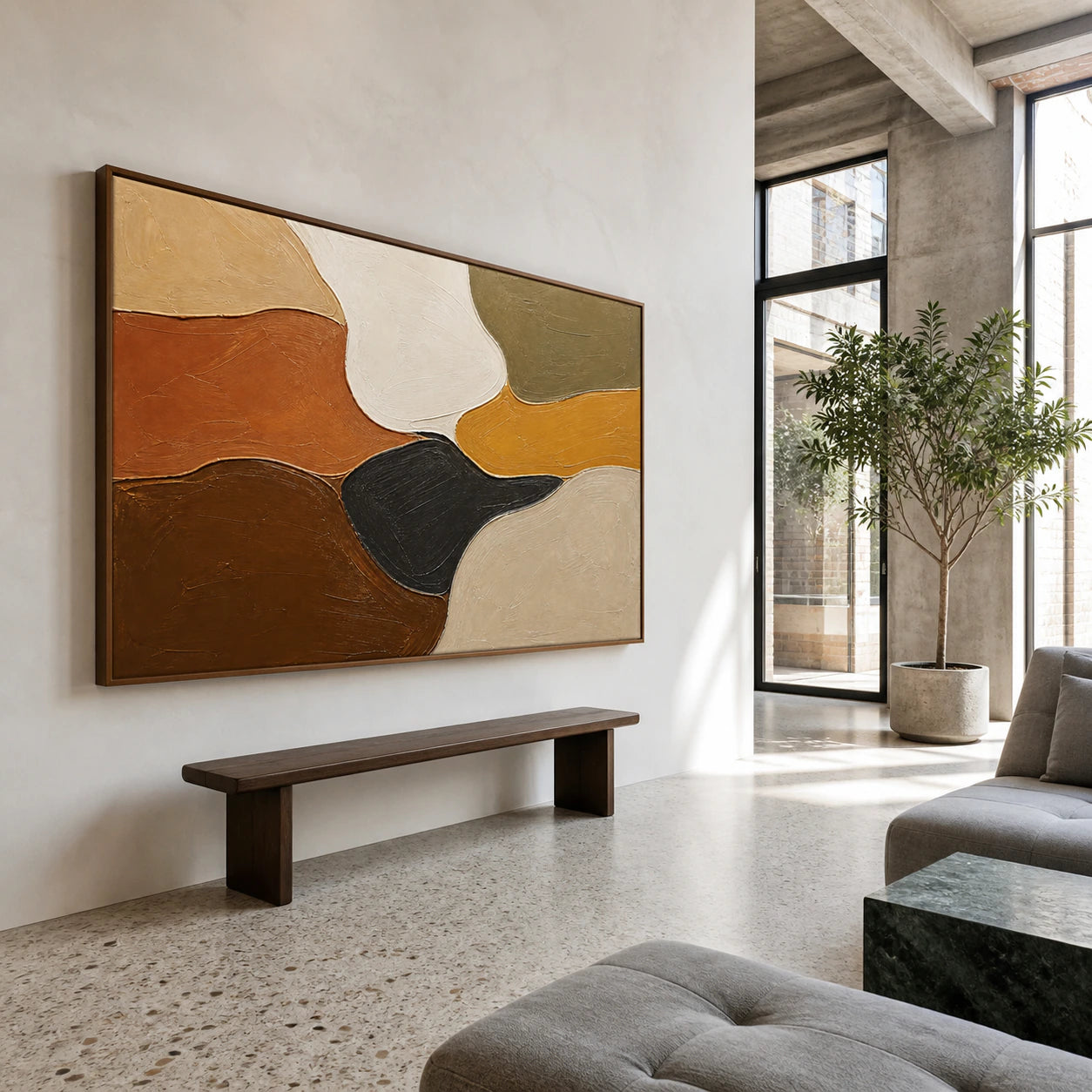Earthen-Confluence displayed at gallery scale in a bright foyer.