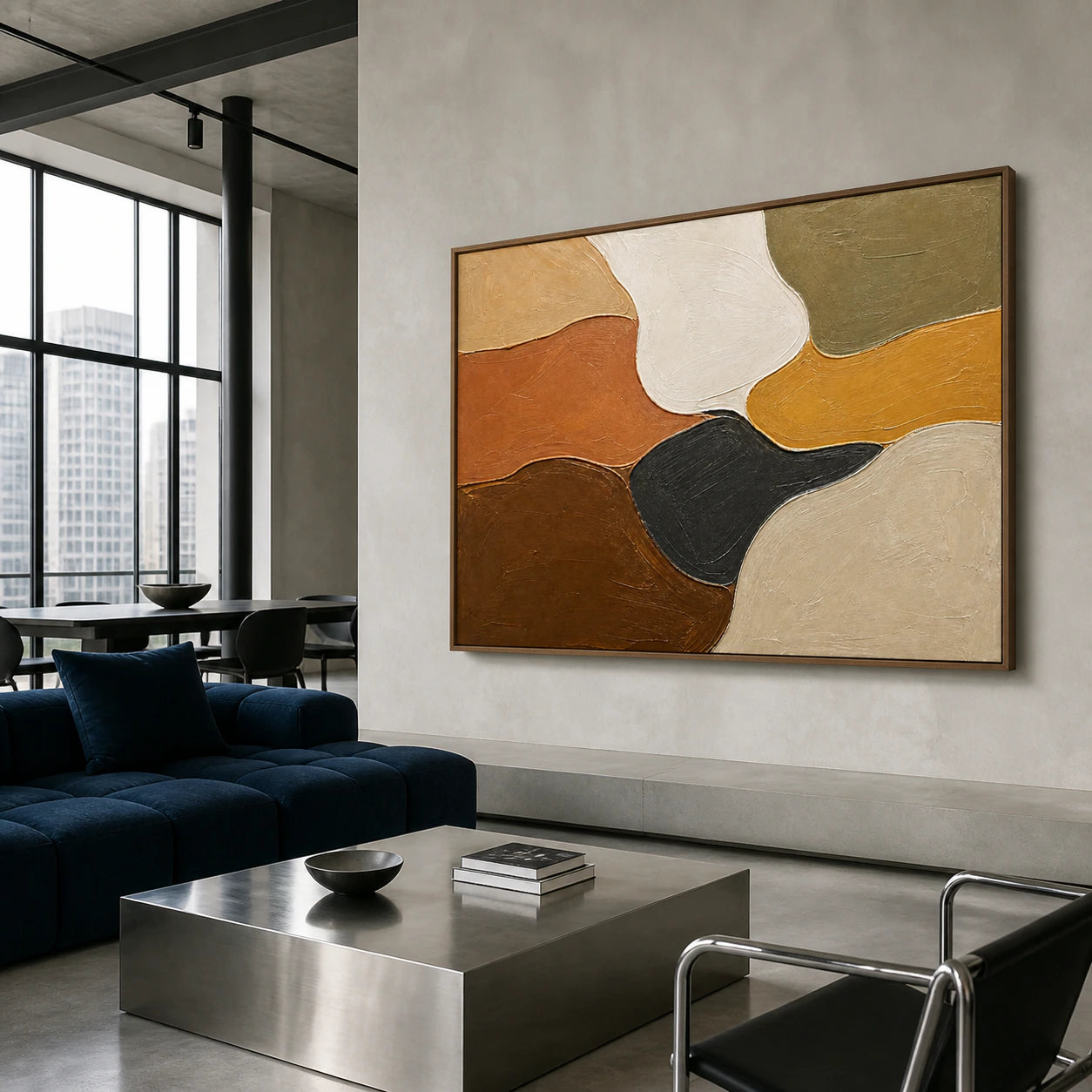 Earthen-Confluence anchoring an expansive loft hospitality interior.