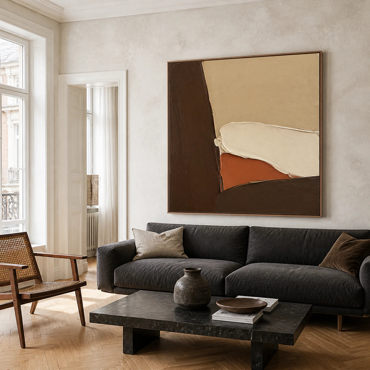Earthen-Contour as the focal point above a restrained contemporary living room sofa.