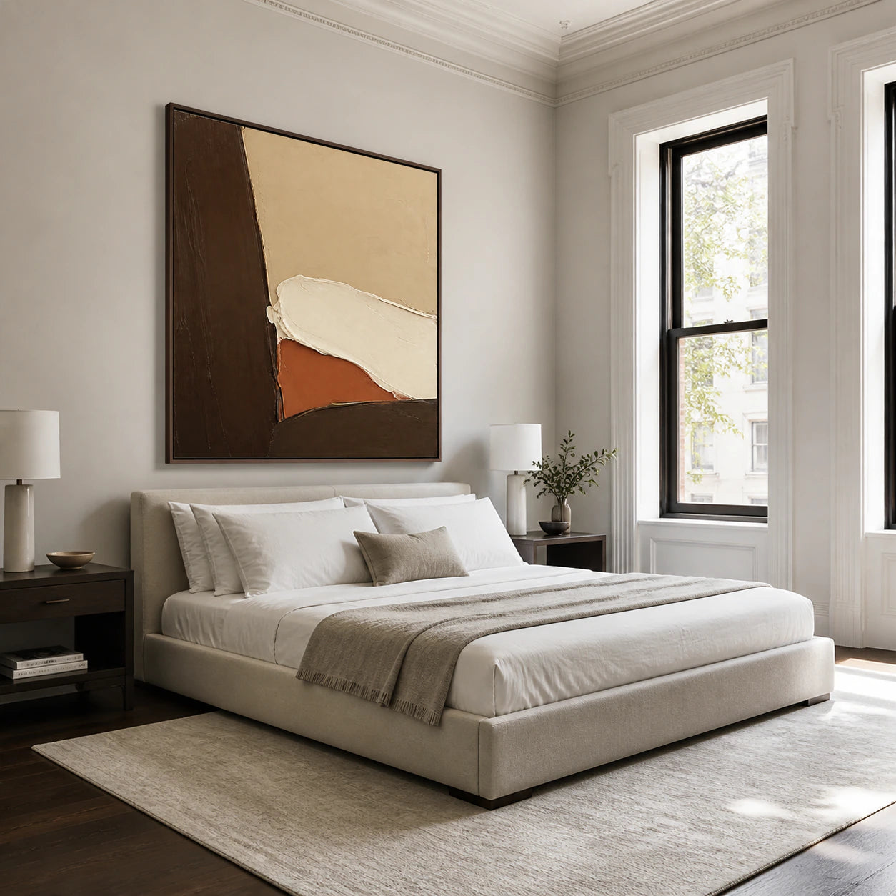 Earthen-Contour bringing warm sculptural contrast to a quiet, light-filled bedroom.