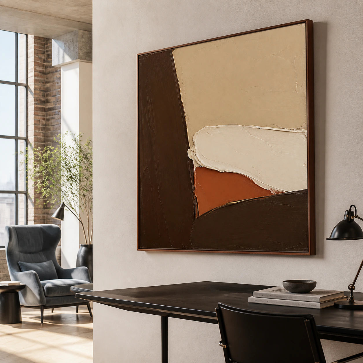 Earthen-Contour featured in an airy home office with a calm reading corner.