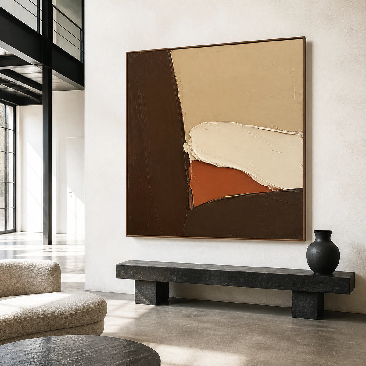 Earthen-Contour presented at gallery scale in a bright, architectural foyer.