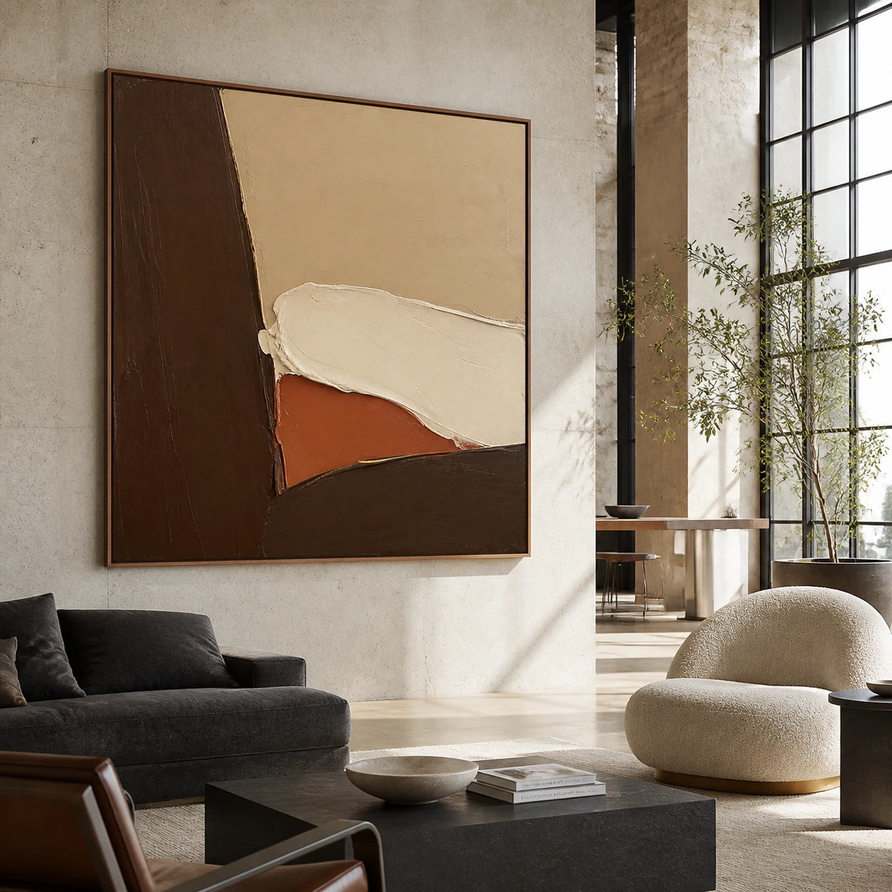 Earthen-Contour anchoring an expansive daylight-filled hospitality loft interior.