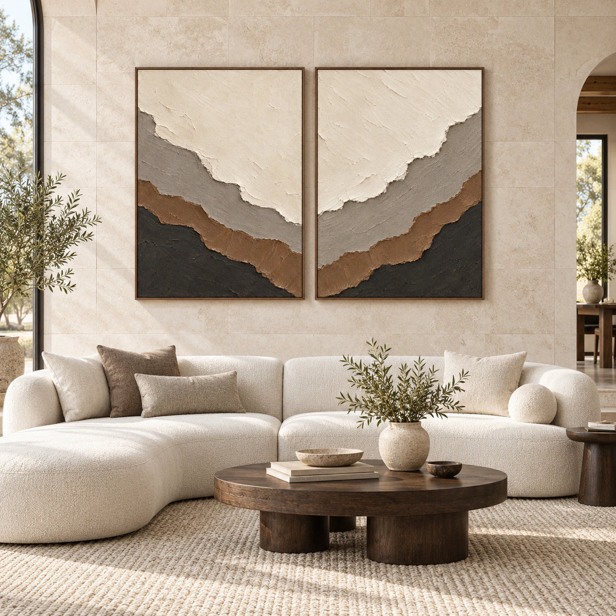Earthen-Contours diptych displayed at large scale in a bright architectural living space.