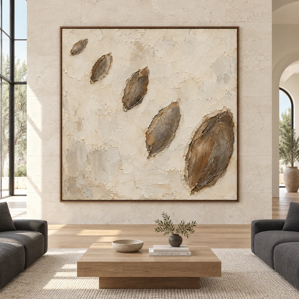 Earthen-Drift displayed at large scale in a bright architectural living space.