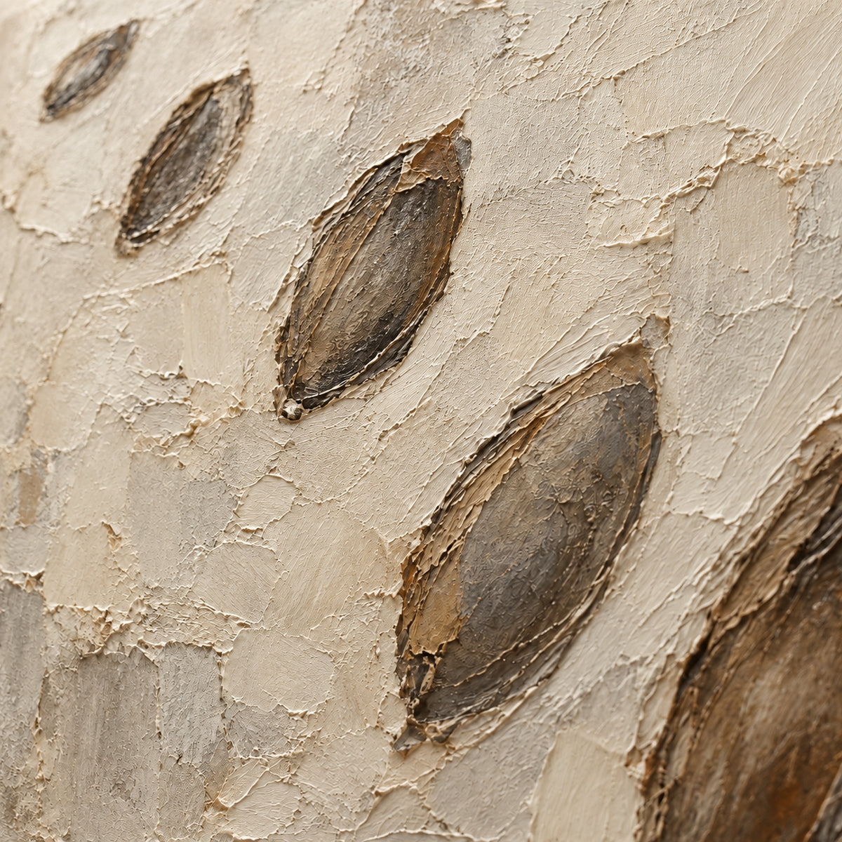 Earthen-Drift oil painting brushwork and impasto detail photographed from an oblique side angle