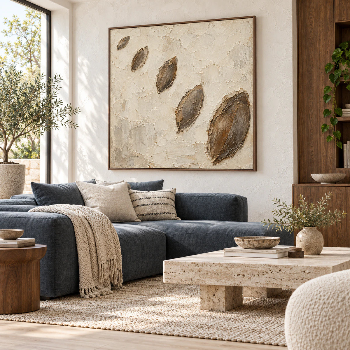 Earthen-Drift above a bright living room seating arrangement.