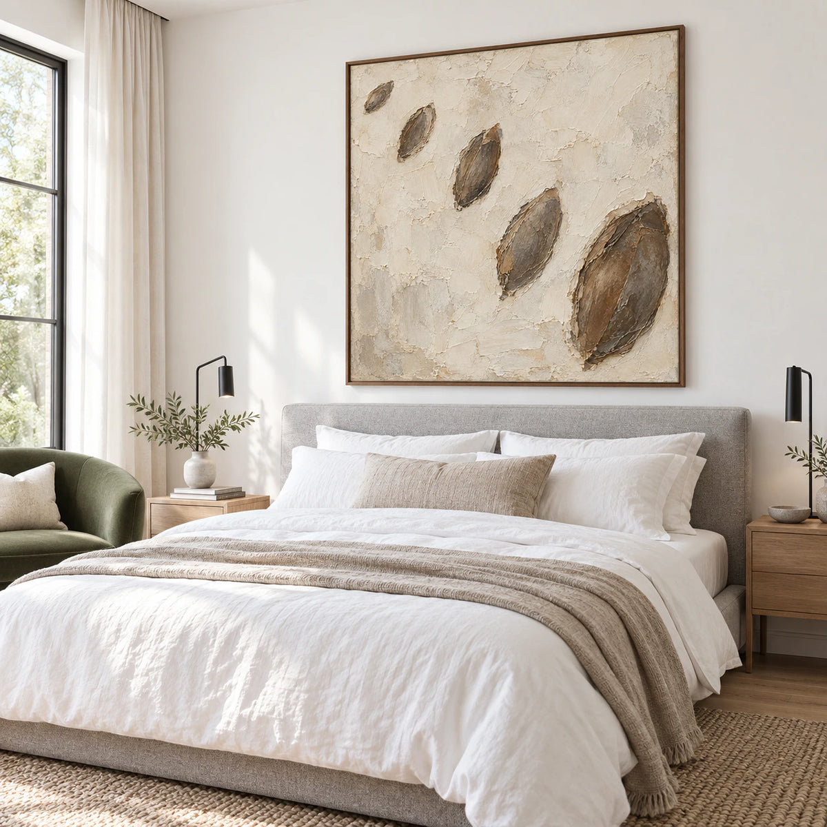 Earthen-Drift as the focal artwork in a quiet bright bedroom.